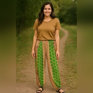 Earthbound Trading Company Bohemian Green Brown Harem Jogger Pants Size Medium